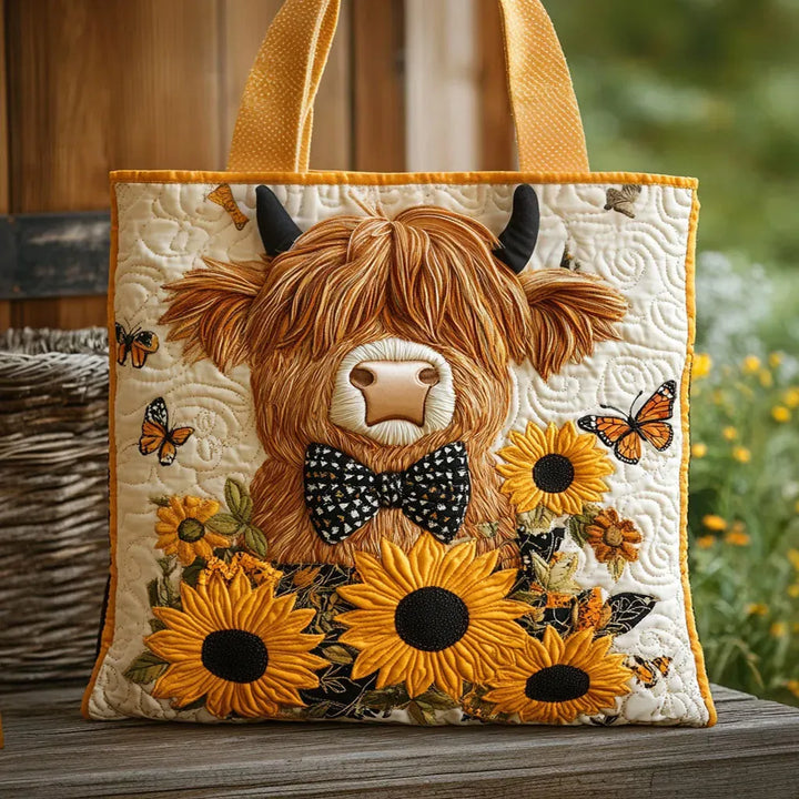 Highland Cow with Sunflowers Quilted Artisan Tote