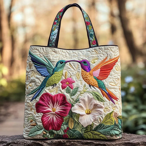 Hummingbird and White Flowers Quilted Artisan Tote