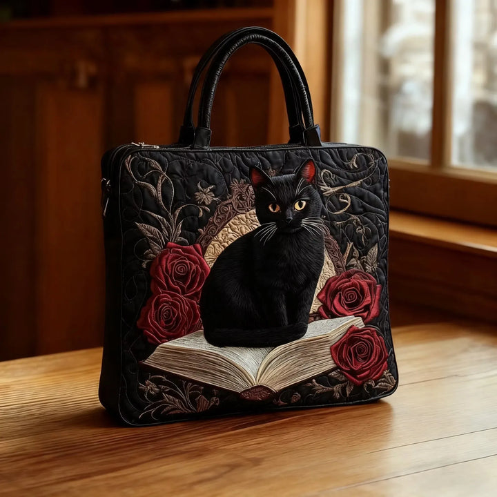 Black Cat on Books II Quilted Artisan Tote