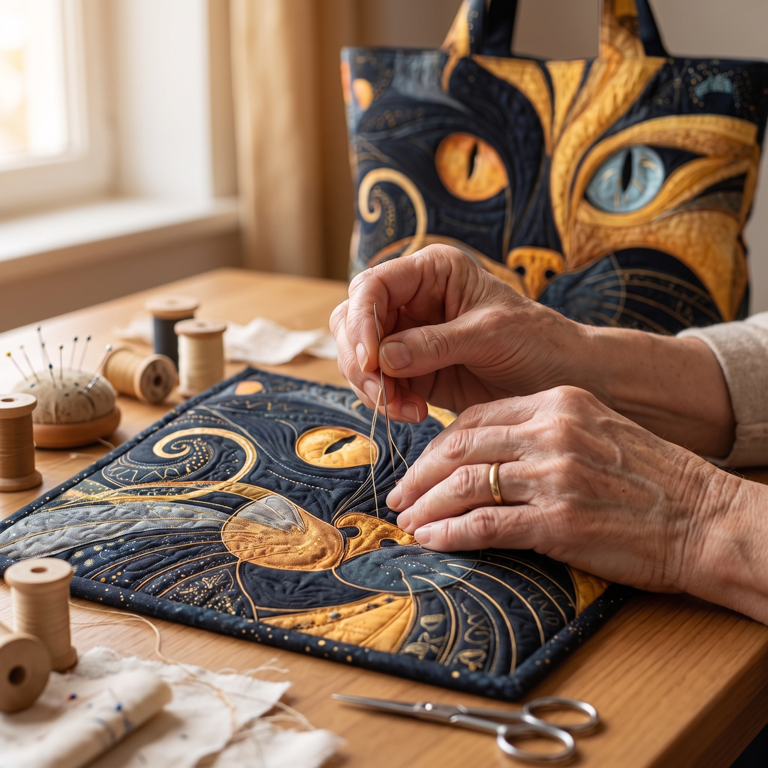 Mystic Cat Quilted Artisan Tote