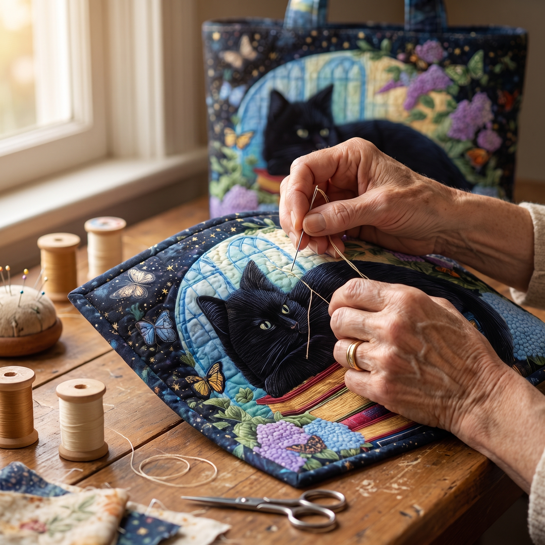Black Cat on Books Quilted Artisan Tote