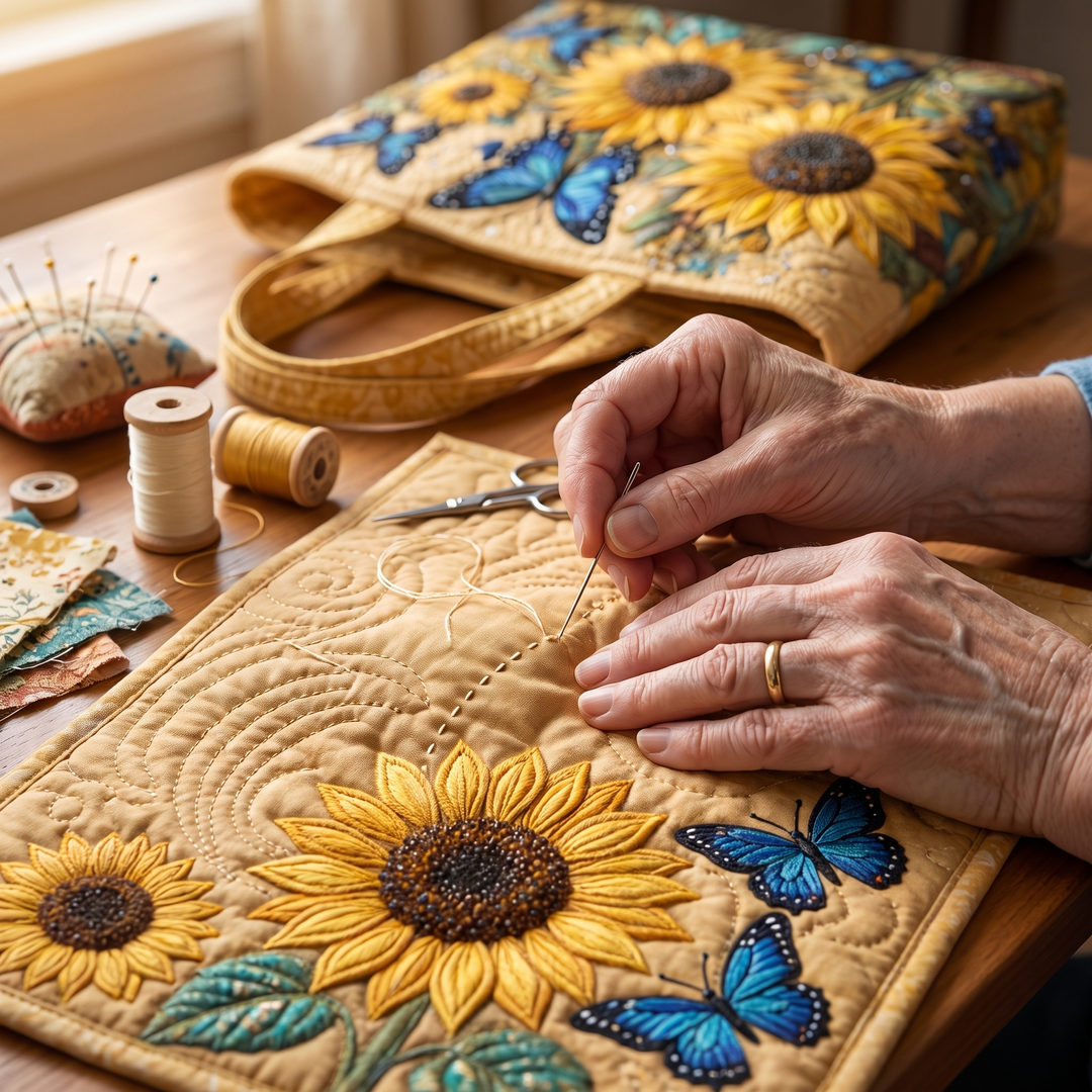 Sunflowers and Blue Butterflies Quilted Artisan Tote