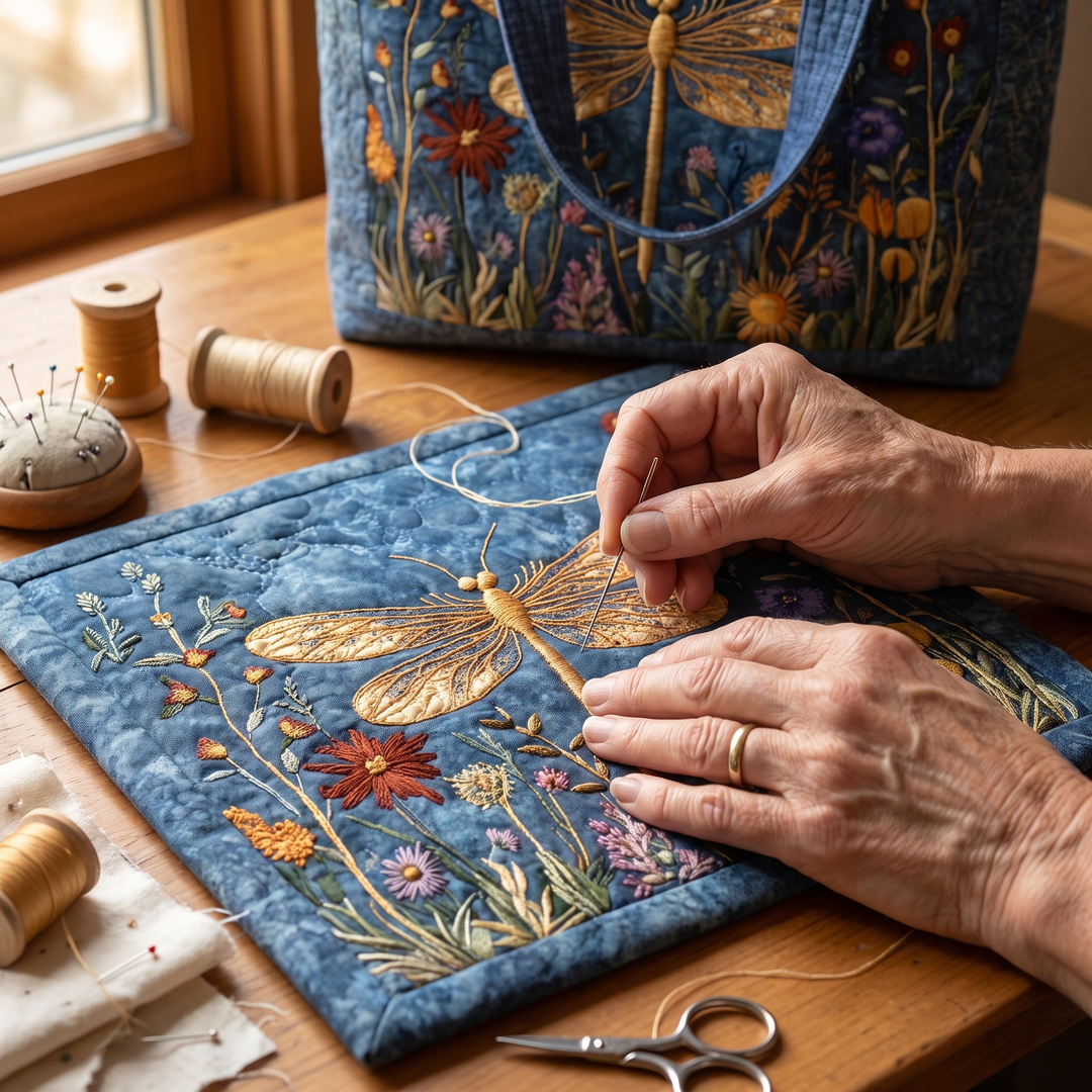 Golden Dragonfly Quilted Artisan Tote