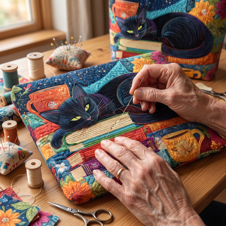 Black Cat with Books and Mugs Quilted Artisan Tote