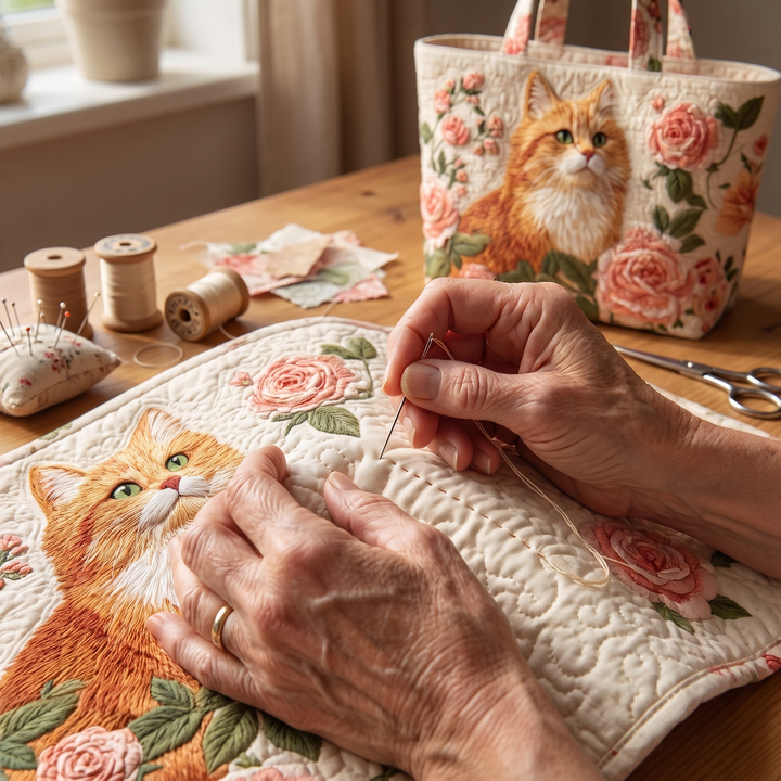 Orange Cat with Roses Quilted Artisan Tote