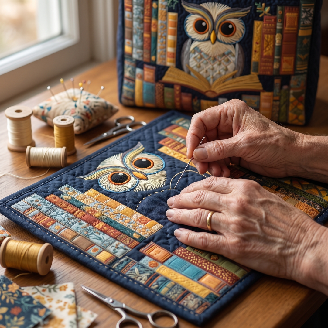 Owl and Vintage Books Quilted Artisan Tote