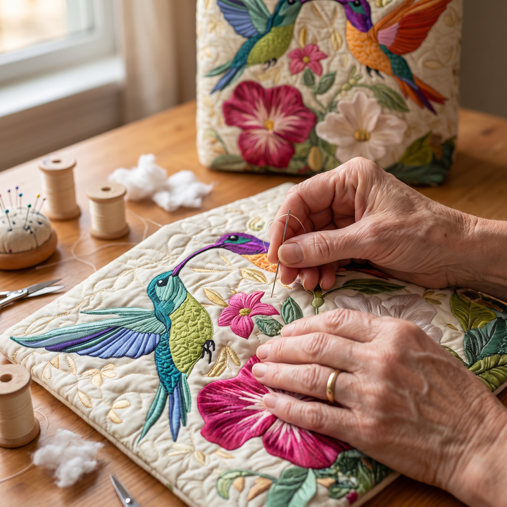 Hummingbird and White Flowers Quilted Artisan Tote