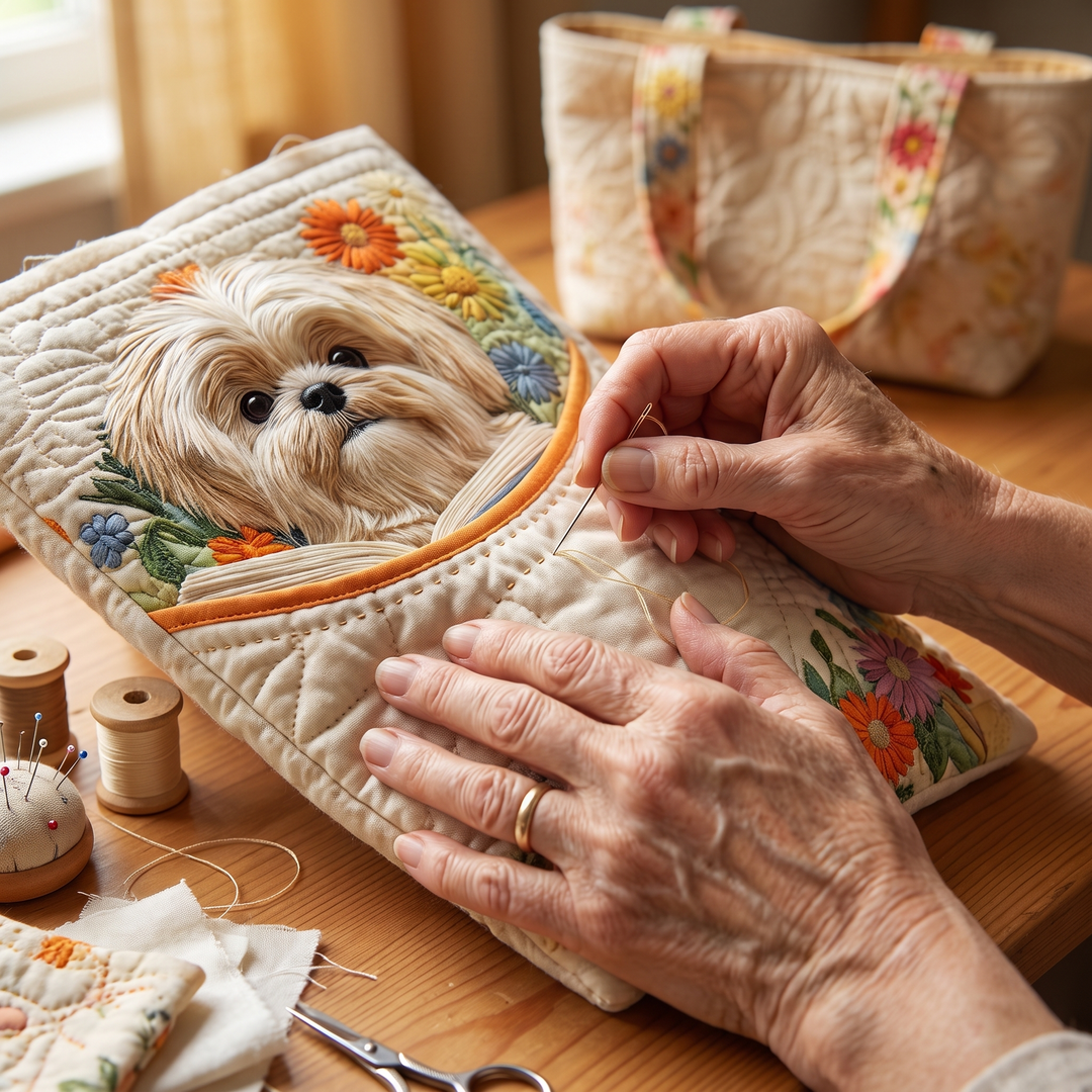 Shih Tzu with Books and Flowers Quilted Artisan Tote