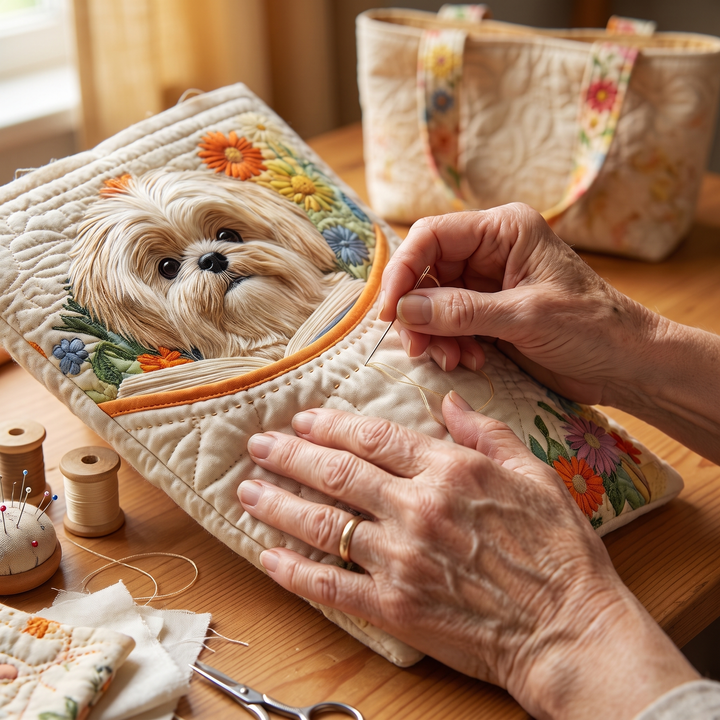 Shih Tzu with Books and Flowers Quilted Artisan Tote