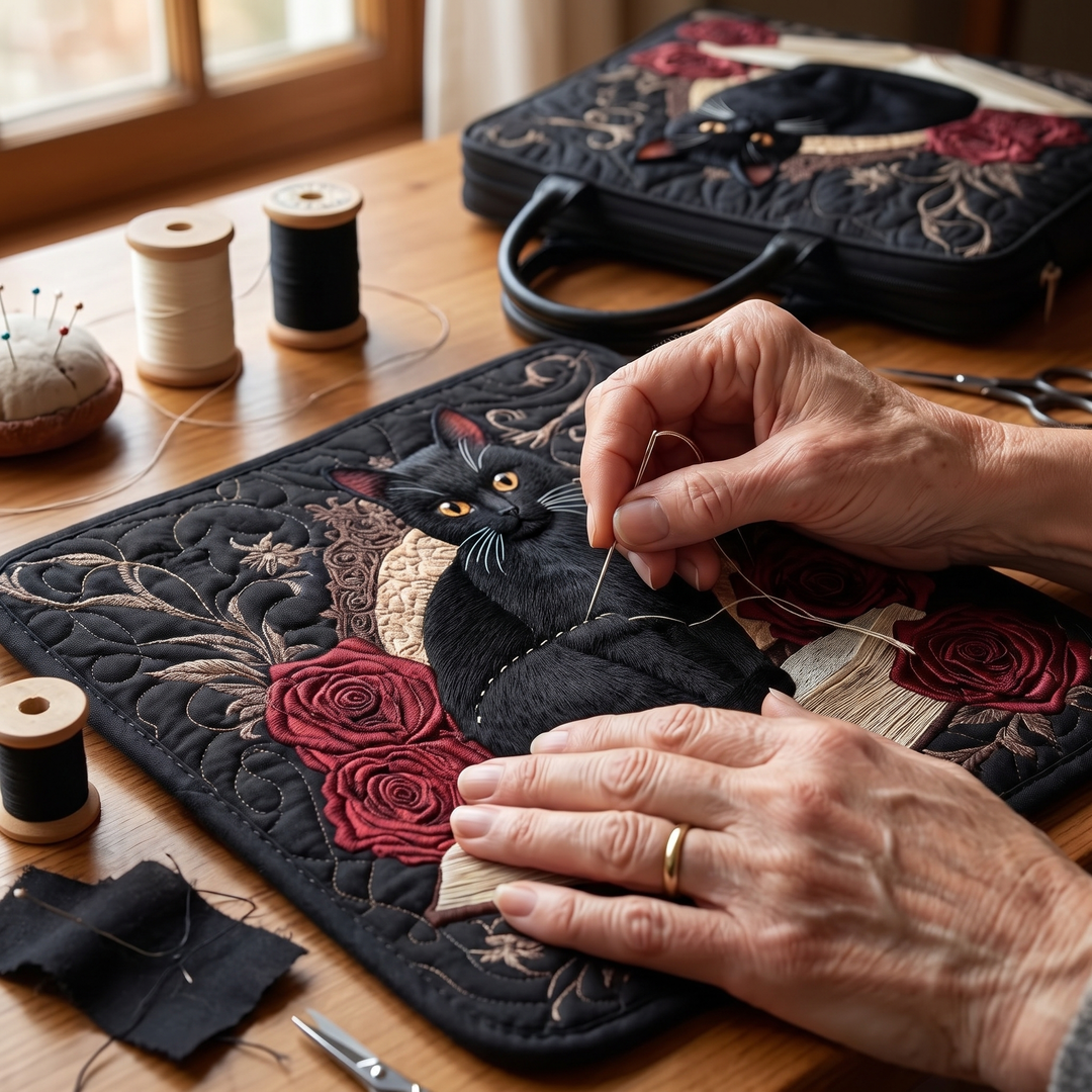 Black Cat on Books II Quilted Artisan Tote