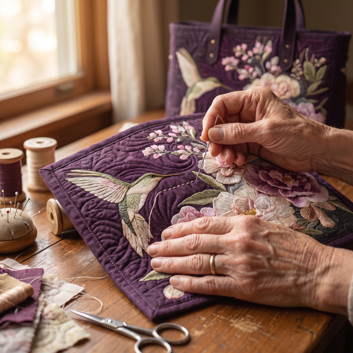 Hummingbirds and Orchids Quilted Artisan Tote