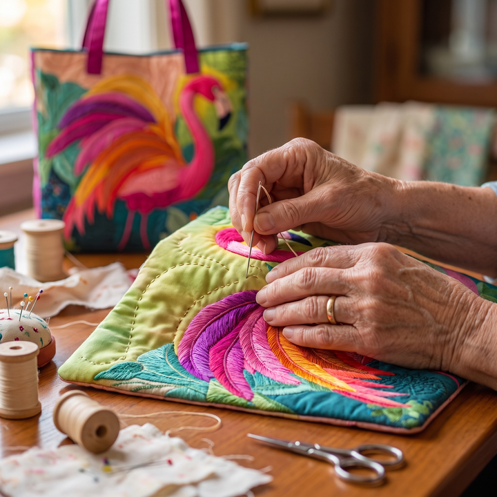 Rainbow Flamingo Quilted Artisan Tote
