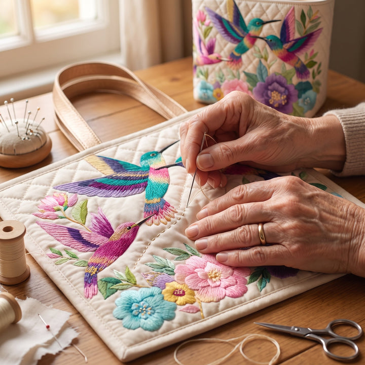 Hummingbird Flower Garden Quilted Tote Bag