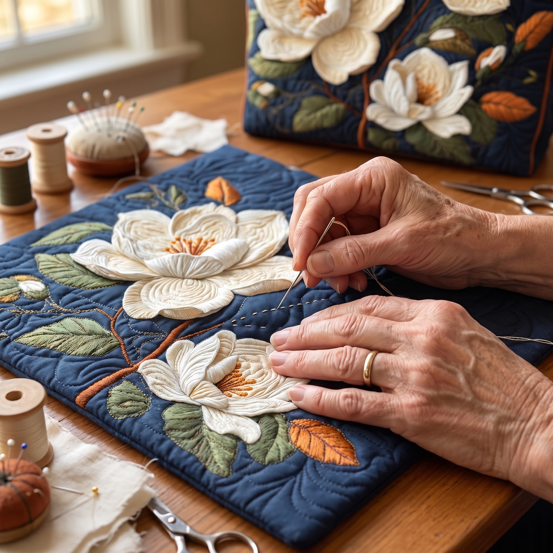 Delicate Magnolia Quilted Artisan Tote
