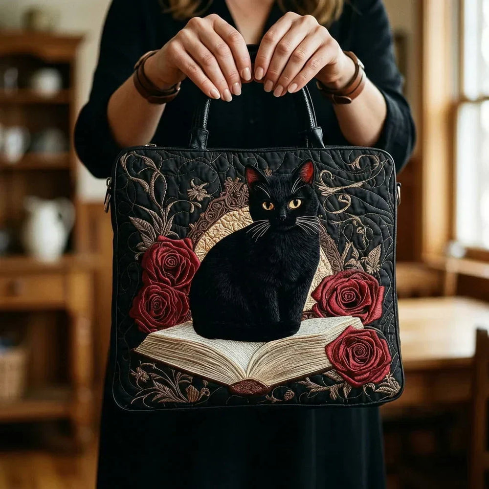 Black Cat on Books II Quilted Artisan Tote