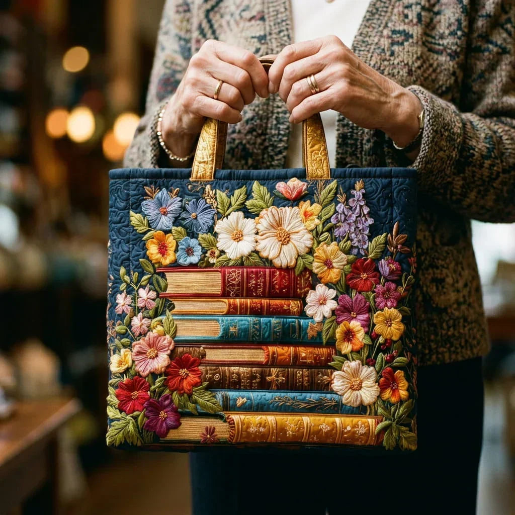 Floral Print and Books Quilted Artisan Tote