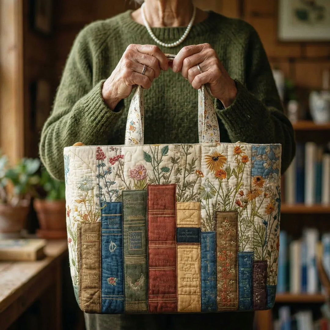 Books and Flowers Quilted Artisan Tote