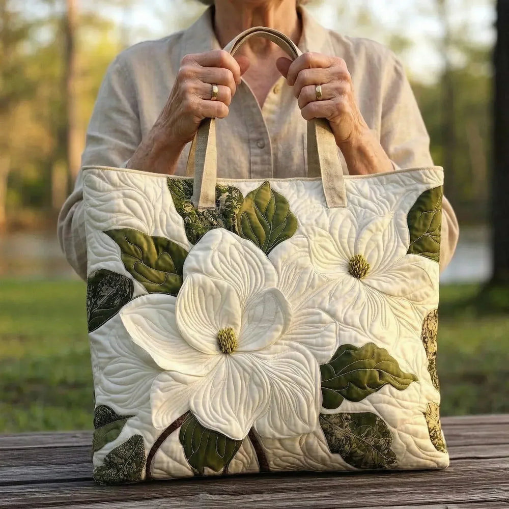 Elegant White Lilies Quilted Artisan Tote