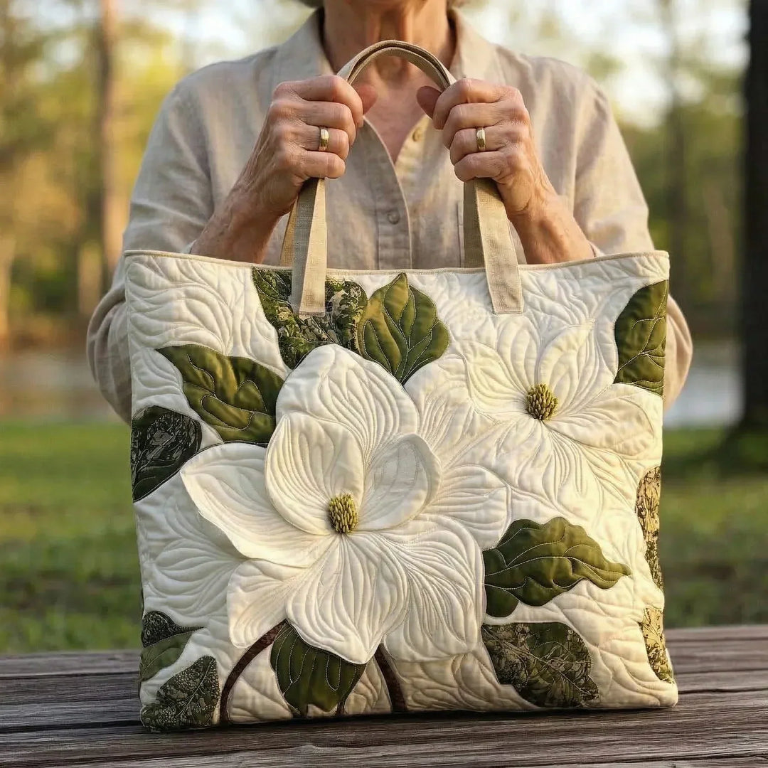 Elegant White Lilies Quilted Artisan Tote