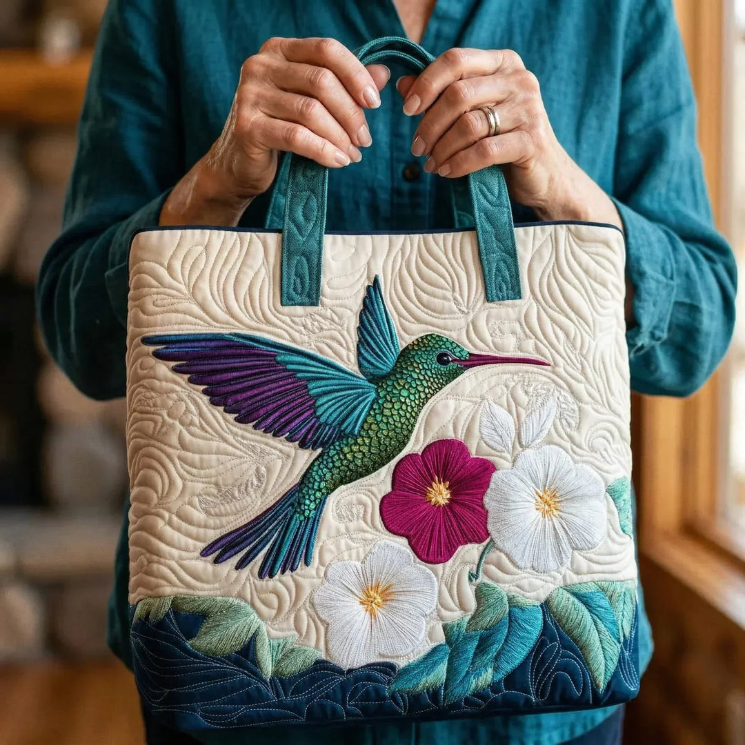 Hummingbird and White Flower II Quilted Artisan Tote