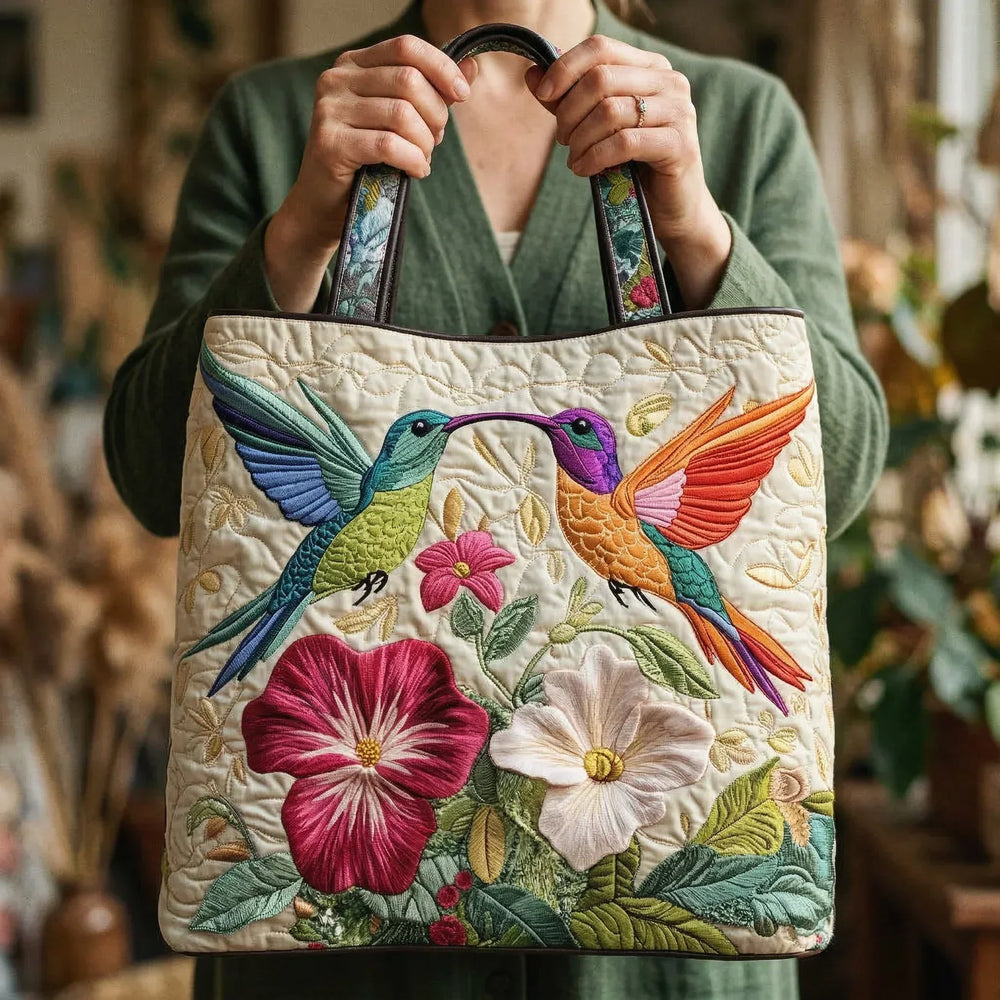 Hummingbird and White Flowers Quilted Artisan Tote