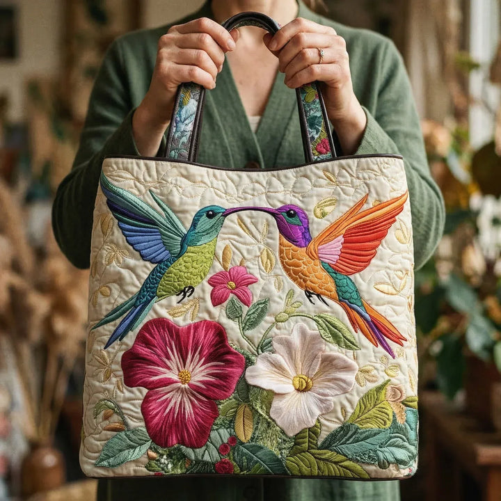 Hummingbird and White Flowers Quilted Artisan Tote