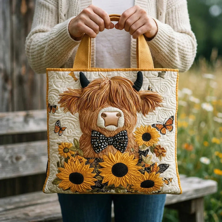 Highland Cow with Sunflowers Quilted Artisan Tote