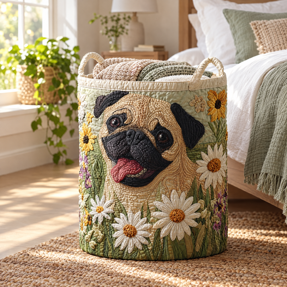 Pug Among the Daisies Quilted Laundry Basket